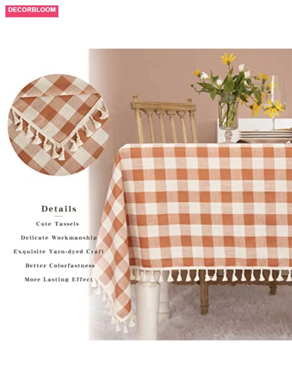 Buffalo Check Tablecloth Square 55x55 Cotton Blend Tassel Farmhouse Dining